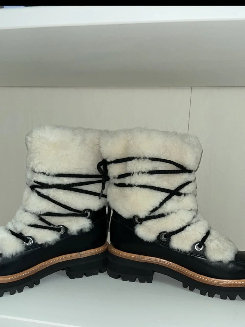 Marc Fisher Isha Black Leather Lace-Up Shearling Winter Boot